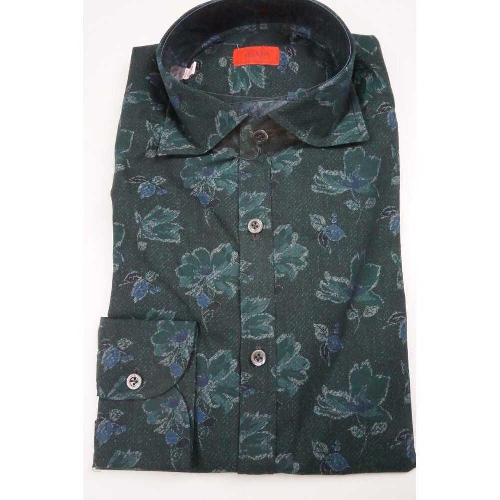 Isaia Teal Black Ink Blue Floral Long Sleeve Cotton Dress Shirt 15.5/39 NEW